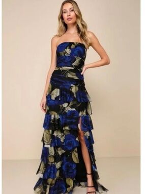 Lulu's Strapless Royal Blue & Olive Floral Tiered Maxi Dress